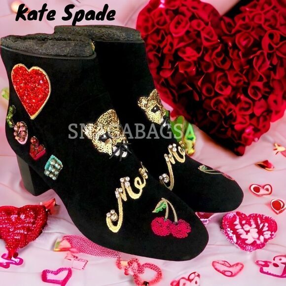 KATE SPADE NIB LIVERPOOL BLACK KID SUEDE ANKLE BOOTS SPARKLY EMBELLISHED SIZE 8M - Picture 1 of 13